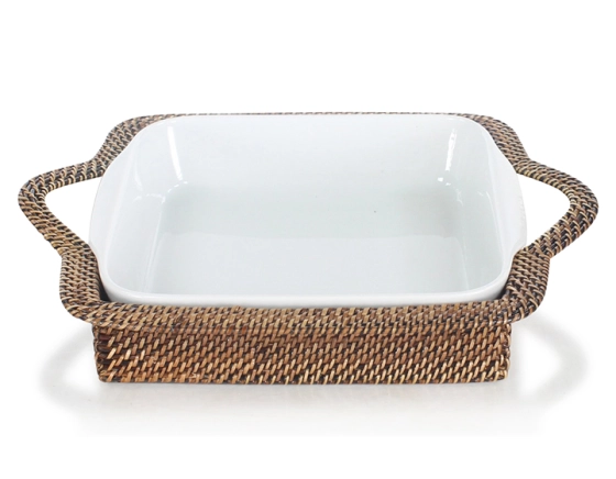 Plat porcelaine carré avec support en fleur de rotin moyen modèle