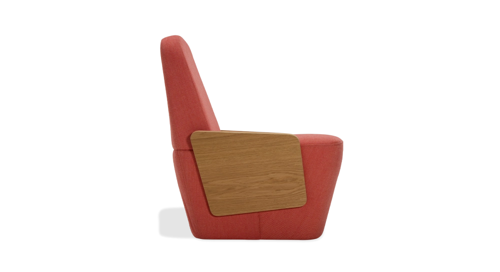 Designer armchair without armrests oak natural finish with pink fabric seat