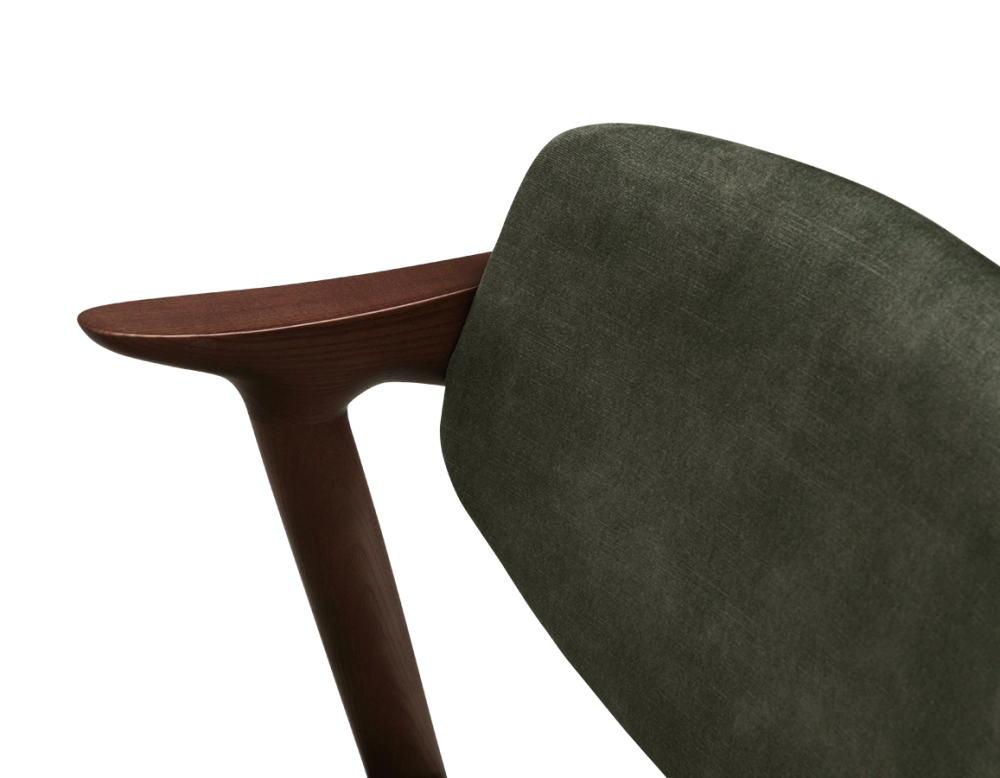 Scandinavian chair dark brown stained wood with forest green velvet seat.