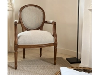 Antique Louis XVI style armchair wood stained antique and natural beige fabric