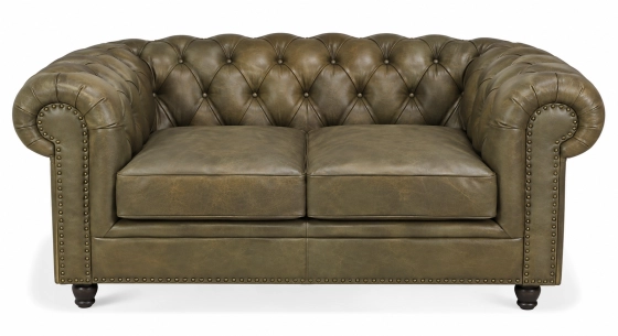 Canapé Chesterfield cuir 2 places vert olive accoudoirs cloutés