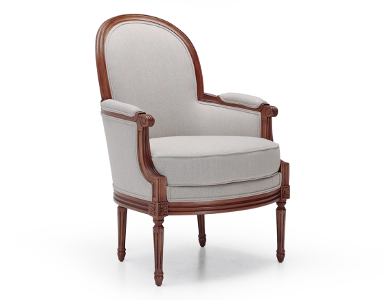 Sillón bergère moldurado estilo Luis XVI madera con tinte envejecido y tejido beige natural