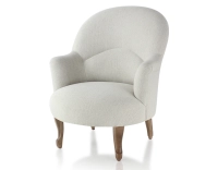 Fauteuil crapaud avec accoudoirs pieds bois teinte noyer et tissu beige naturel
