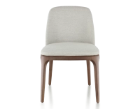 Designer chair dark brown stained wood and natural beige fabric