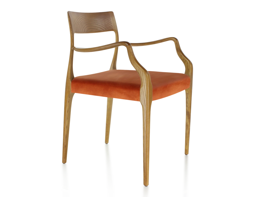Scandinavian armchair with armrests cherry-stained wood, terracotta velvet seat