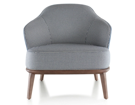Fauteuil design cuir bleu orage et tissu pied-de-poule bleu et blanc