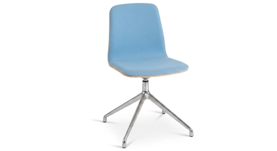 Silla de oficina sin ruedas respaldo de madera en tinte natural asiento de tejido azul