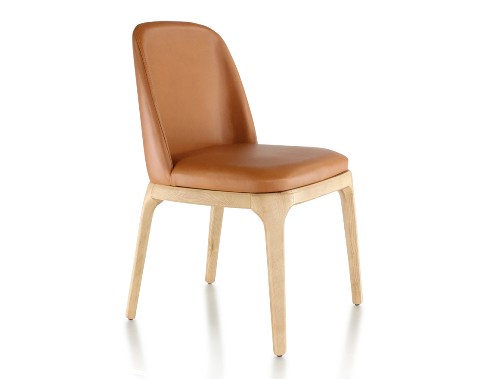 Designer chair natural stained wood and caramel leather