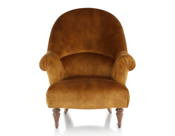 Fauteuil crapaud avec accoudoirs pieds bois teinte noyer et tissu velours bronze haut dossier