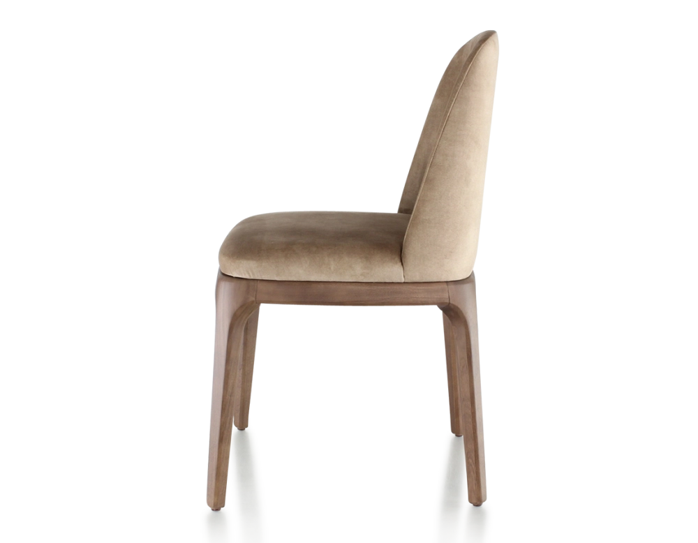 Chaise design bois teinte marron foncé et tissu velours taupe clair