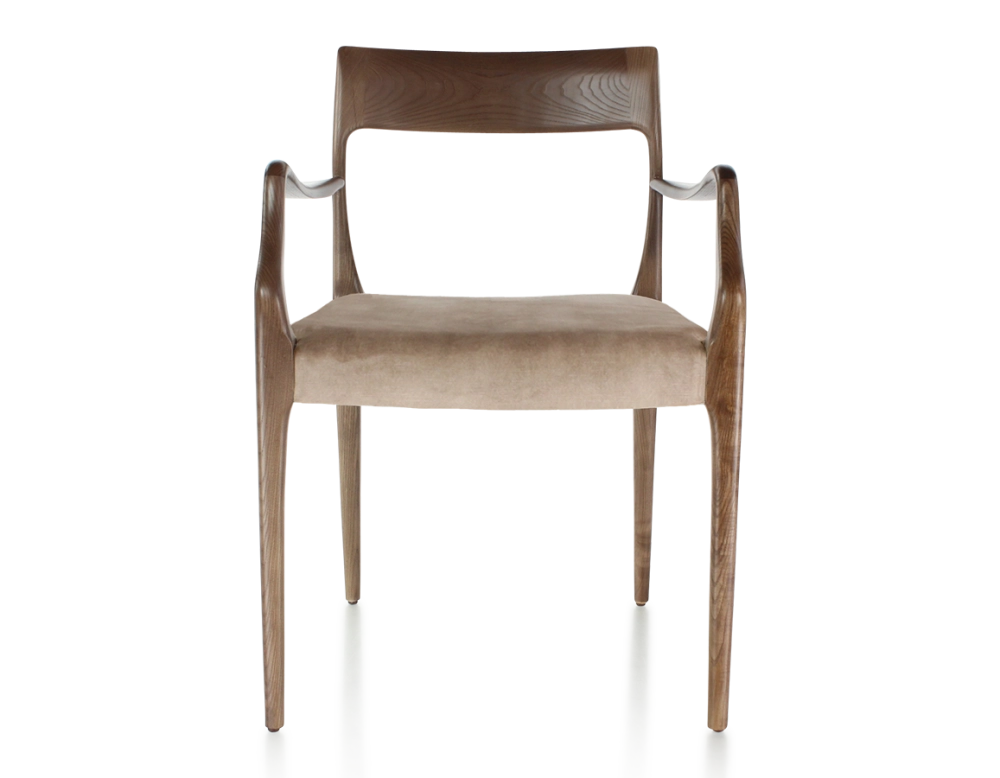 Chaise scandinave avec accoudoirs bois teinte marron foncé assise tissu velours taupe clair