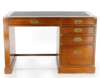Bureau marine 5 tiroirs bois teinte merisier et cuir vert