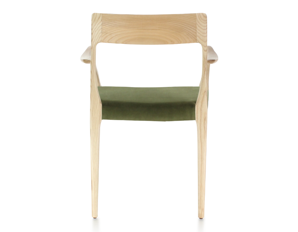 Chaise scandinave avec accoudoirs bois teinte naturelle assise tissu vert olive