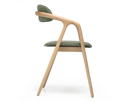 Scandinavian chair wood with natural finish, seat in green mottled fabric.