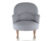 Fauteuil crapaud avec accoudoirs pieds bois teinte noyer et tissu pied-de-poule bleu et blanc