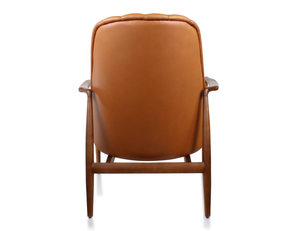 Scandinavian armchair cherry-stained wood and caramel leather