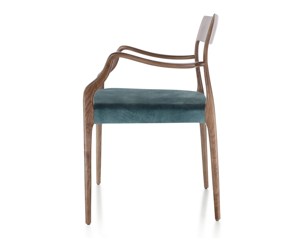 Scandinavian armchair with armrests dark brown stained wood, petrol blue velvet seat