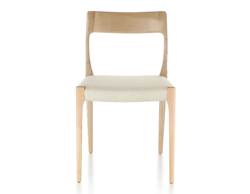 Scandinavian chair natural stained wood, beige chevron fabric seat
