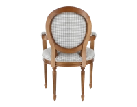 Fauteuil ancien style Louis XVI bois teinte ancienne et tissu pied de poule blanc et taupe