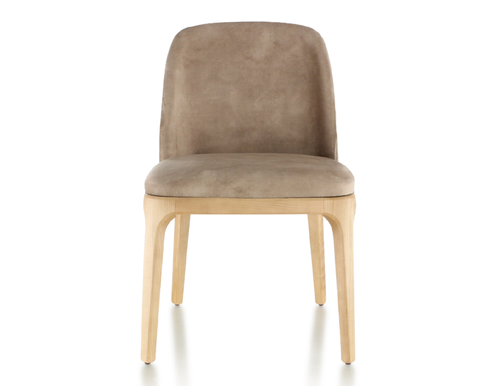 Chaise design bois teinte naturelle et tissu velours taupe clair