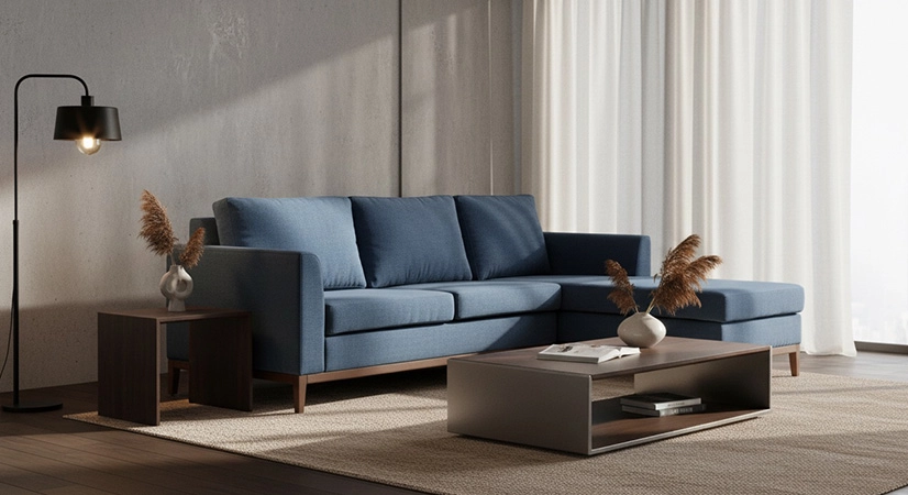 Canapé d'angle méridienne gauche 4 places tissu bleu jean (MG - 2D)