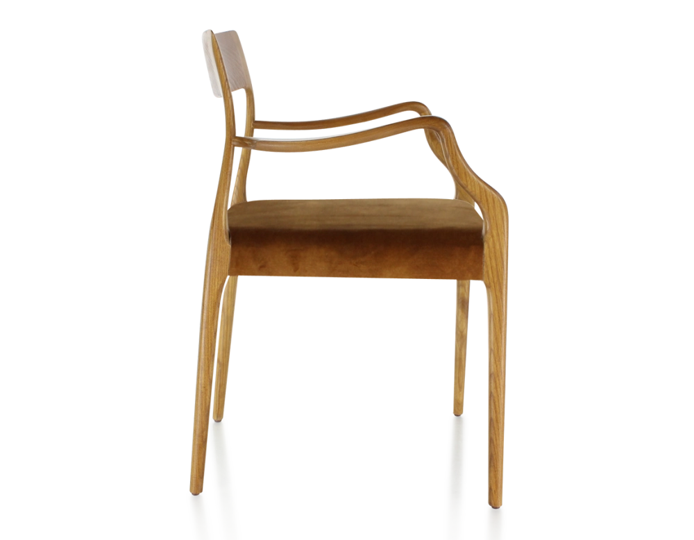 Scandinavian armchair with armrests cherry-stained wood, bronze velvet seat