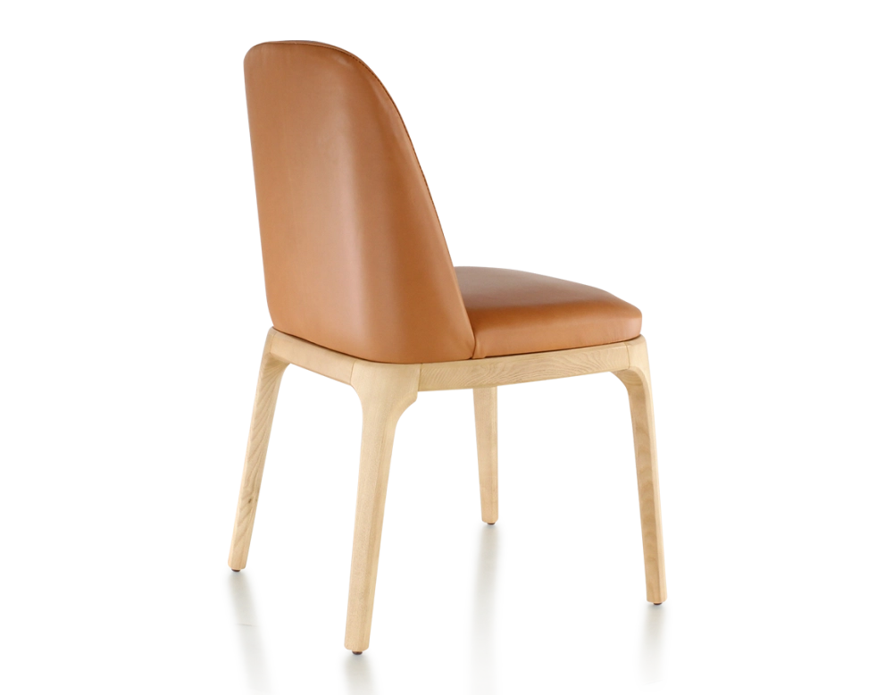 Designer chair natural stained wood and caramel leather