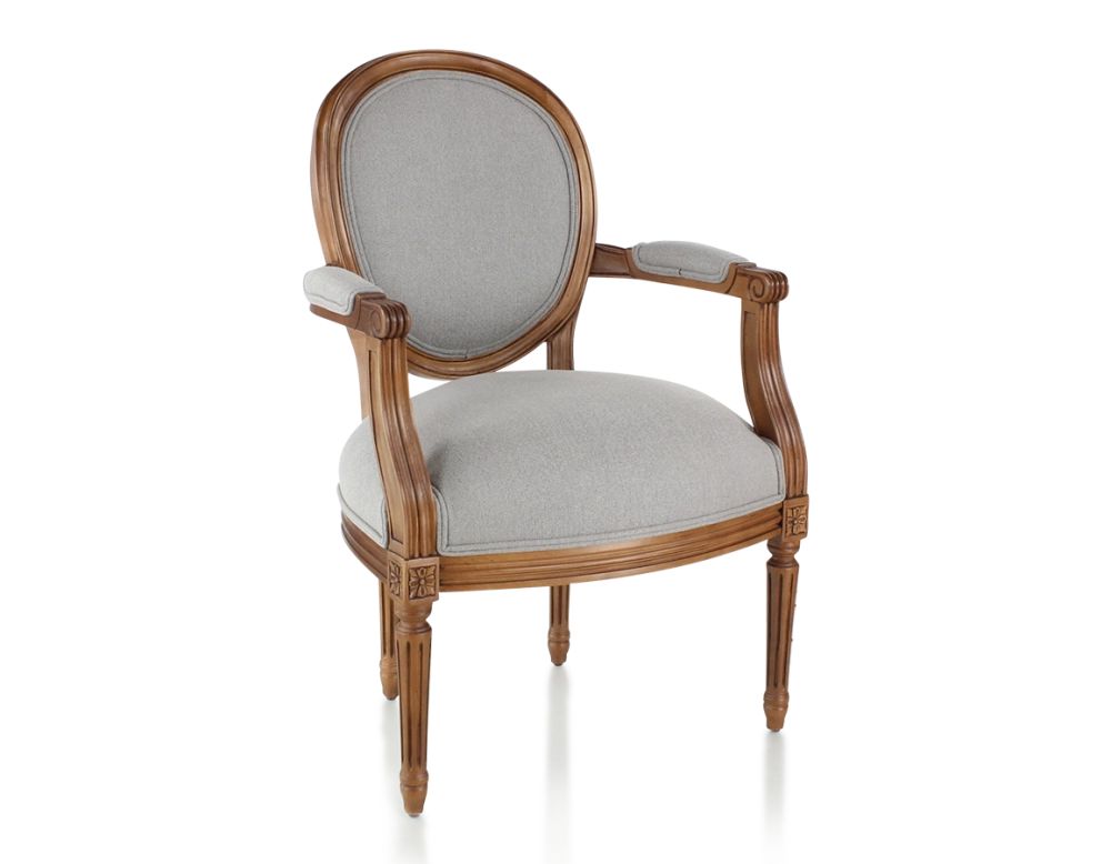 Fauteuil ancien style Louis XVI bois teinte ancienne et tissu gris clair