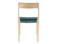 Chaise scandinave bois teinte naturelle assise tissu velours bleu pétrole