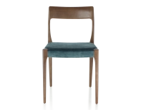 Chaise scandinave bois teinte marron foncé assise tissu velours bleu pétrole