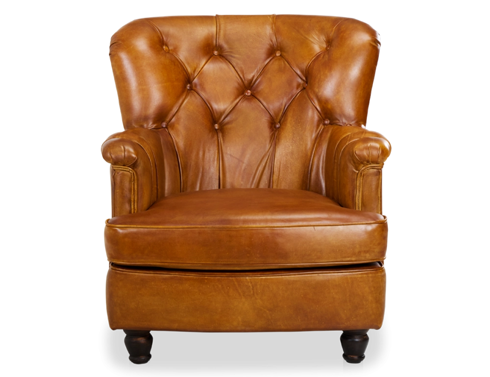 Fauteuil Chesterfield cuir cognac moyen dossier