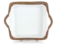 Plat porcelaine carré avec support en fleur de rotin moyen modèle