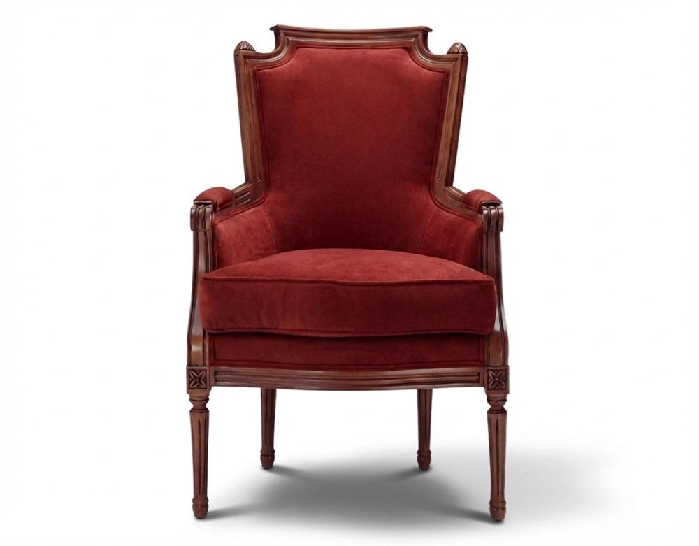 Sillón bergère estilo Luis XVI bois teinte ancienne et tissu bordeaux