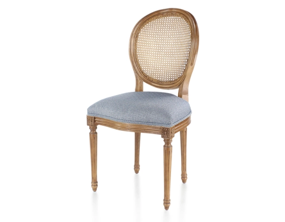 Antique Louis XVI style chair wood stained old caned back blue chevron fabric seat