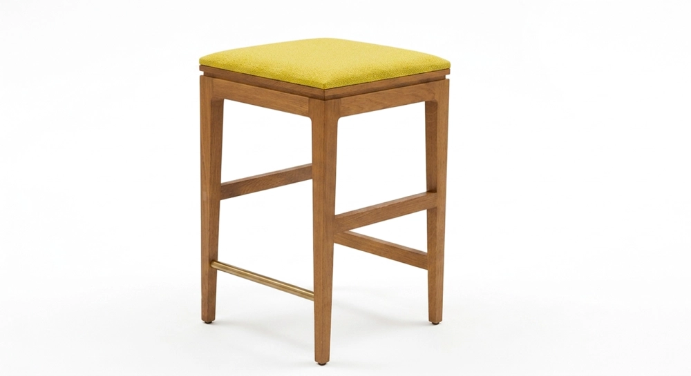 Tabouret de bar design H65 cm bois teinte vintage assise tissu jaune