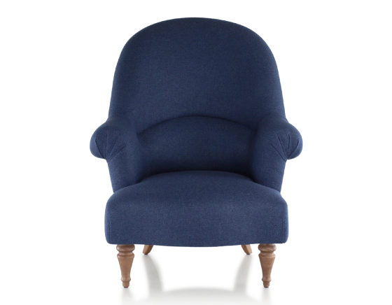 Sillón crapaud con reposabrazos patas de madera tinte nogal y tejido azul marino respaldo alto