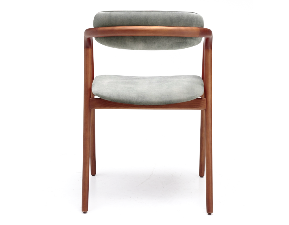 Scandinavian chair cherry wood stain, seat in grey-blue velvet fabric.