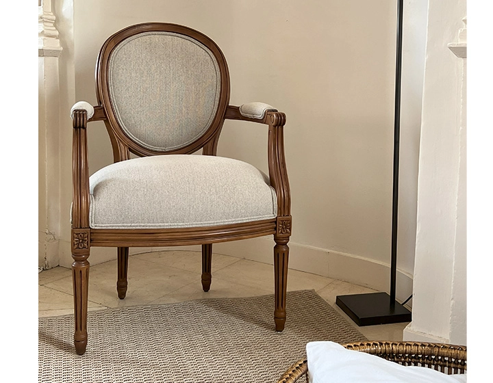 Antique Louis XVI style armchair wood stained antique and natural beige fabric