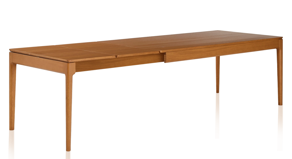 Extendable oak table for 8 to 12 people with cherry-stained wood top and extensions 160x100 cm