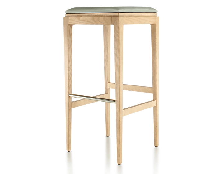 Tabouret de bar design H80 cm bois teinte naturelle assise cuir vert sauge