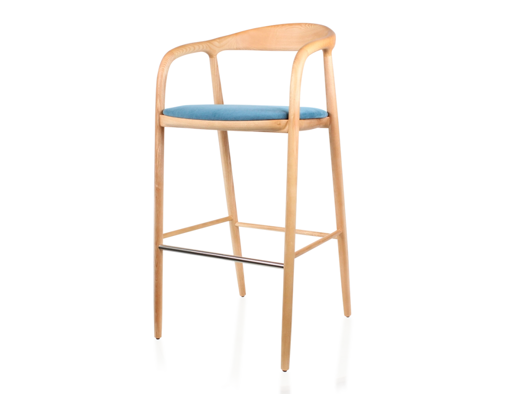 Tabouret de bar h80 cm teinte naturelle assise tissu bleu jean bois teinte naturelle et tissu bleu jean