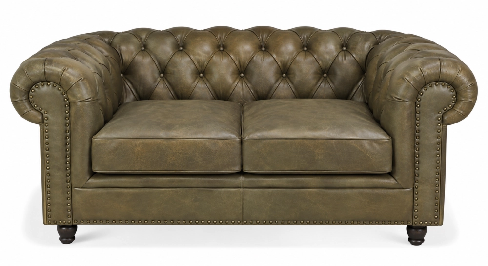 Sofá Chesterfield de piel 2 plazas verde oliva reposabrazos con tachuelas