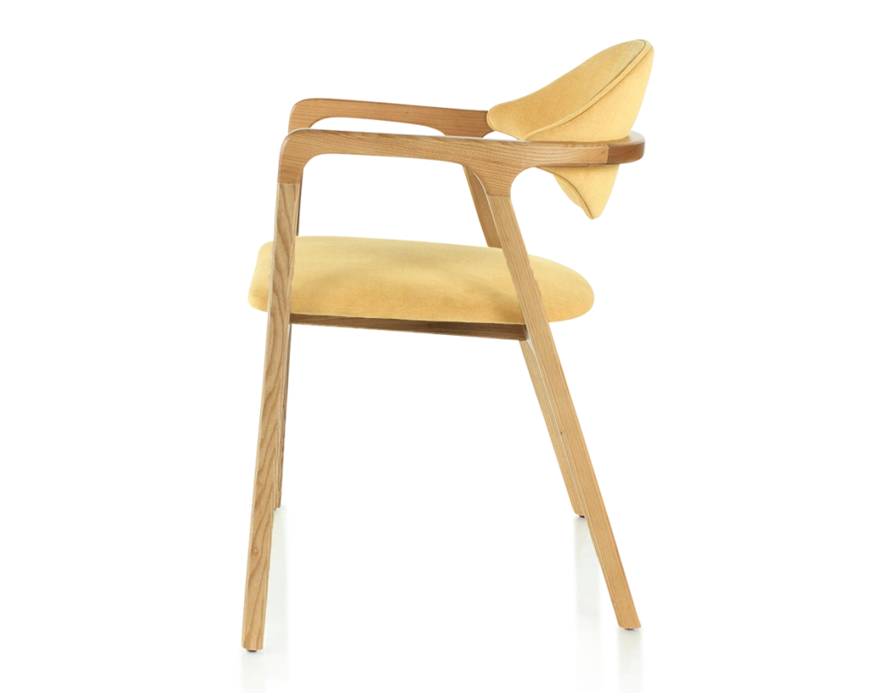 Chaise design avec accoudoirs bois teinte naturelle et tissu jaune