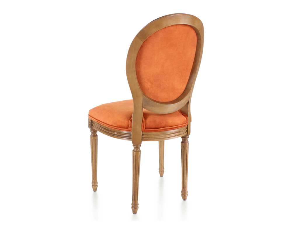 Antique Louis XVI style chair wood in antique stain and terracotta velvet fabric