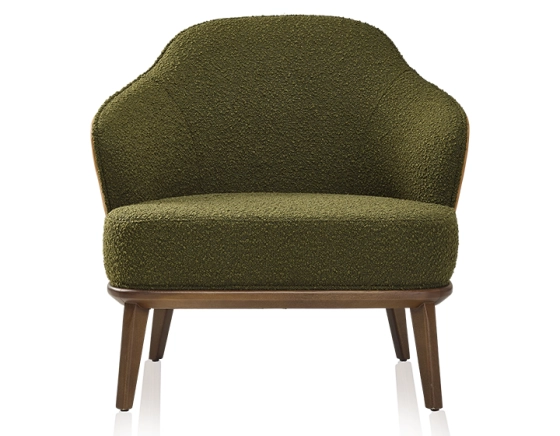 Sillón de diseño piel caramelo y tejido rizado verde