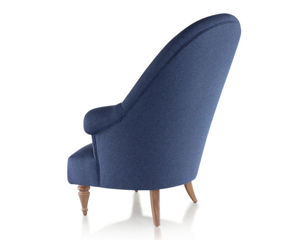 Toad armchair with armrests walnut-stained wooden legs and navy blue high-back fabric