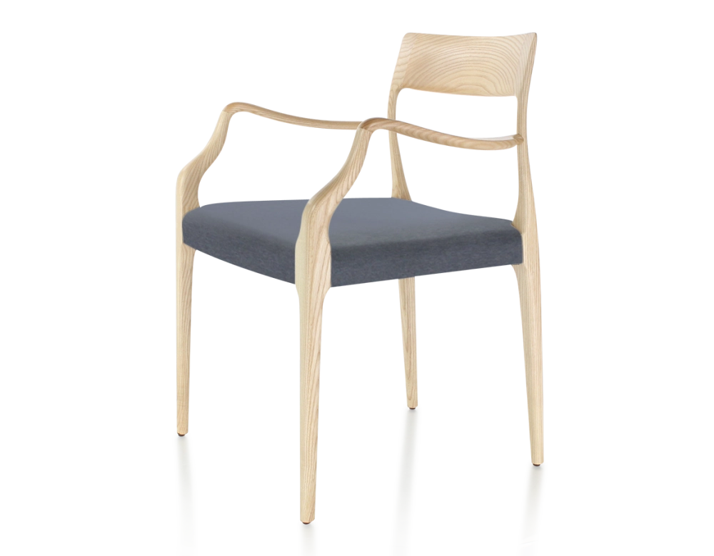 Scandinavian armchair with armrests natural tint wood, grey fabric seat