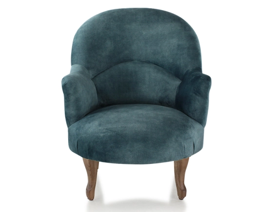 Sillón crapaud con reposabrazos patas de madera tinte nogal y tejido terciopelo azul petróleo