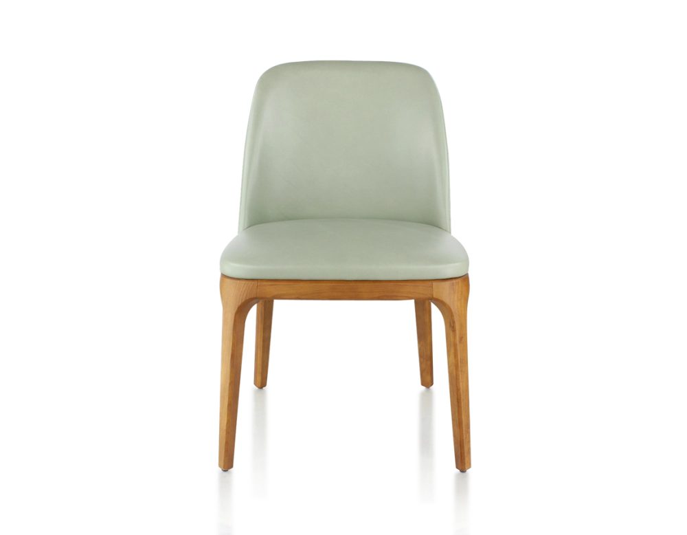 Chaise design bois teinte merisier et cuir cuir vert sauge