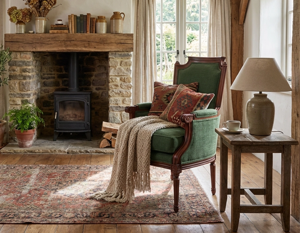 Sillón bergère estilo Luis XVI bois teinte ancienne et tissu vert foncé